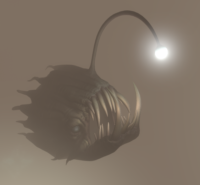 An anglerfish floating in fog