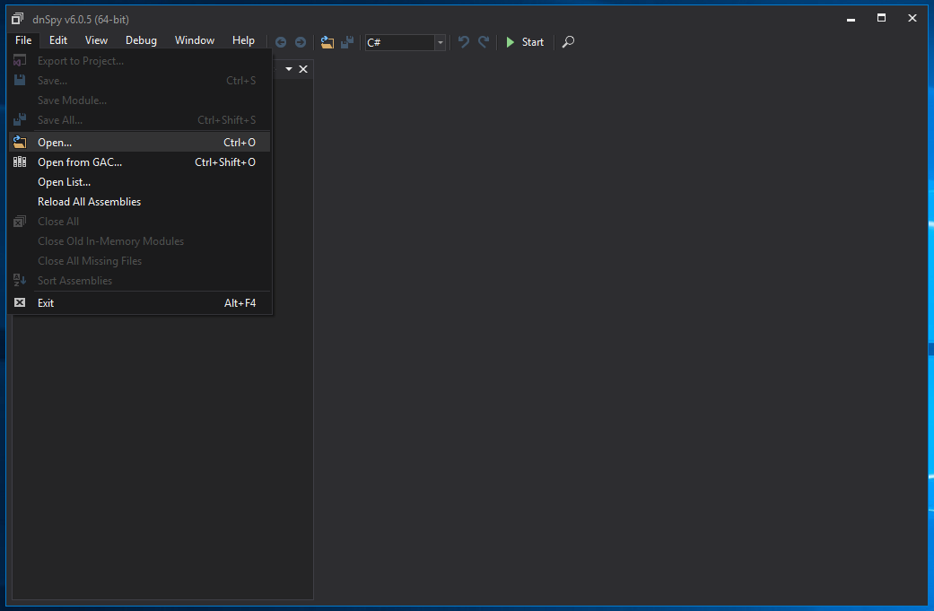 Using the file > open dialogue in dnSpy.