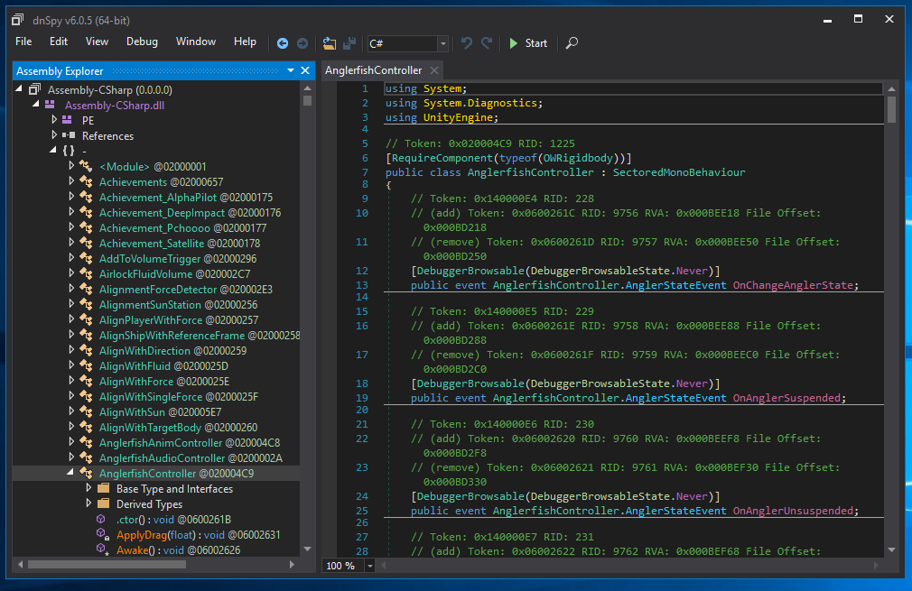 dnSpy showing the assembly listing, with the AnglerfishController selected.