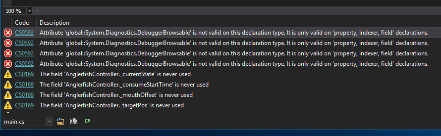 A list of errors and warnings from the compile dialogue, saying that events can't be DebuggerBrowsable.