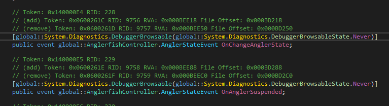 A System.Diagnostics.DebuggerBrowsable attribute on an event declaration.